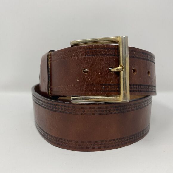 VTG Mens 34 Brown Tooled Leather Western Cowboy Belt Adjustable Gold Buckle Work - Picture 1 of 15